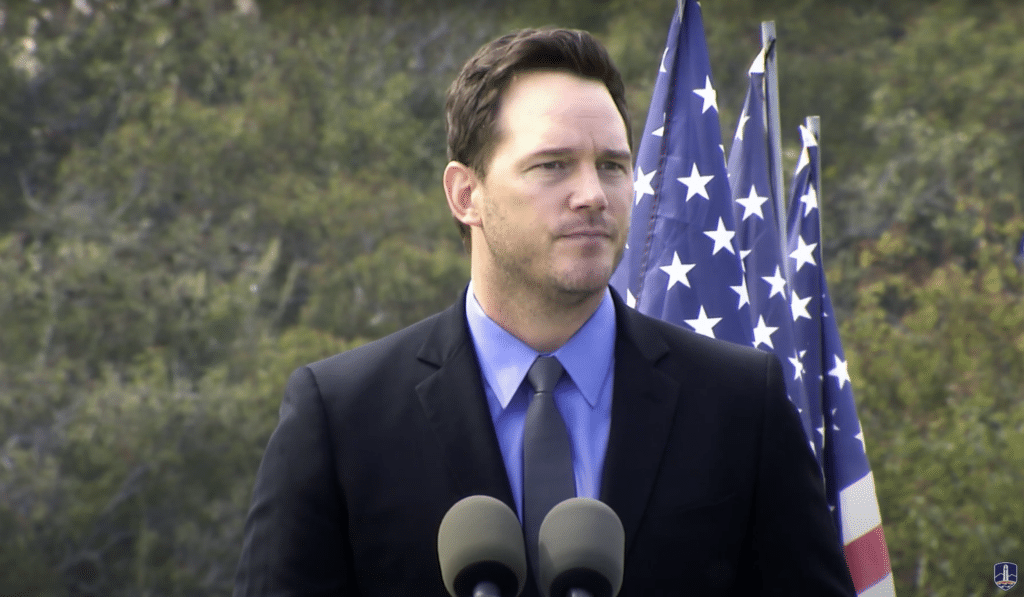 Actor Chris Pratt speaks at a 9/11 memorial ceremony at Pepperdine University on Sept. 11, 2023. (YouTube)